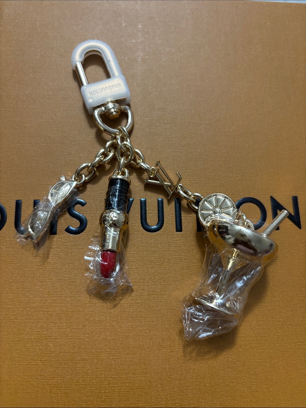 LV Gold-Tone Lipstick, Glasses & Cocktail Charm/Keychain